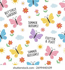 Colorful seamless pattern featuring large, smiling cartoon butterflies in a crayon texture. Summer theme with small flowers, suns, clouds