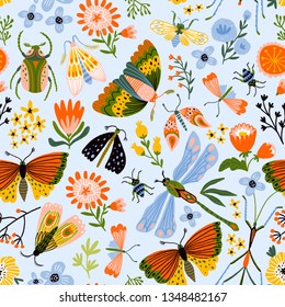 Colorful seamless pattern with insects and flowers. Summer floral repeat background for fabrics or wallpapers. Butterfly design. 