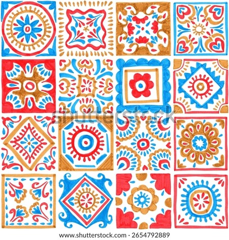 Colorful seamless pattern inspired by traditional tiles. Mediterranean vibe with geometric shapes and floral details. Hand-drawn with markers.