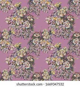 Colorful seamless pattern made of painting of flower bouquet.  Impressionism style. Hand painted with gouache