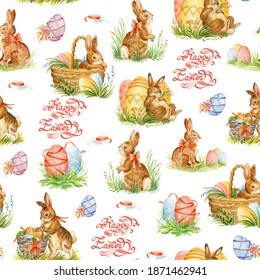 Colorful seamless pattern and spring easter concept  Easter watercolor pattern and easter rabbits   eggs isolated white background  Srock illustration