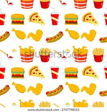 Colorful seamless pattern of various fast food items. Fast food doodle background. Fast food doodle icon. Junk food repeat pattern