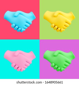 Colorful set of business handshake emoji isolated on different bright backgrounds. Partnership and agreement symbol. Minimal design art. 3d illustration.