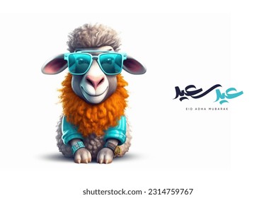 colorful Sheep with sunglasses wearing a clothes For Eid adha Mubarak - Arabic translation: Eid Adha Mubarak 