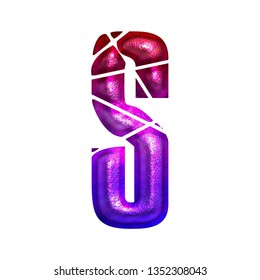 Colorful Shiny Metallic Letter S In A 3D Illustration With A Red Pink & Purple Color Gradient Faded Rough Metal Texture Broken Shattered Font On White With Clipping Path