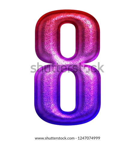 Colorful shiny metallic number eight 8 in a 3D illustration with a red pink & purple color gradient faded rough metal texture rounded bold font on white with clipping path