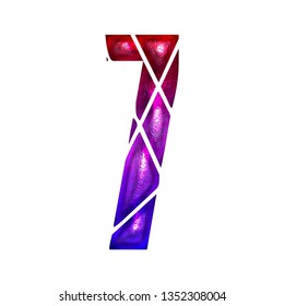 Colorful Shiny Metallic Number Seven 7 In A 3D Illustration With A Red Pink & Purple Color Gradient Faded Rough Metal Texture Broken Shattered Font On White With Clipping Path