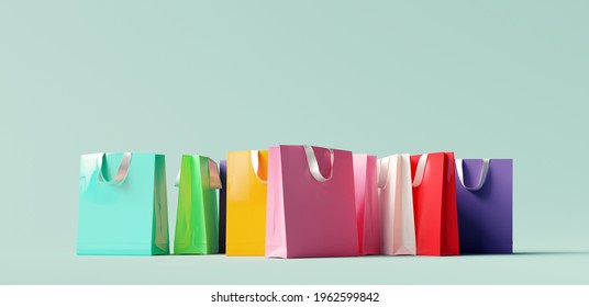 Colorful shopping bag on pastel green background. 3d rendering
