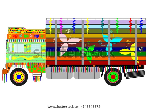 Colorful silhouette of an old Indian truck on\
a white\
background.