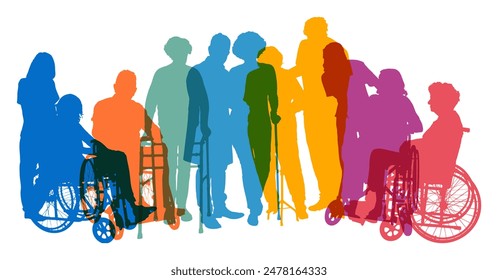 Colorful silhouettes of elderly people with walking aids and wheelchairs in rehab  - Powered by Shutterstock