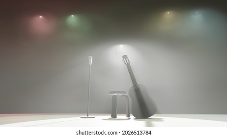 Colorful Spotlights Are Spotting At Musical Instrument On A Stage With Dry Ice Smoke (3D Rendering)