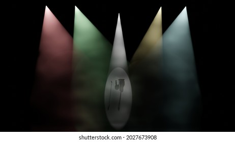 Colorful Spotlights Are Spotting At Musical Instrument On A Stage With Dry Ice Smoke In Top View (3D Rendering)