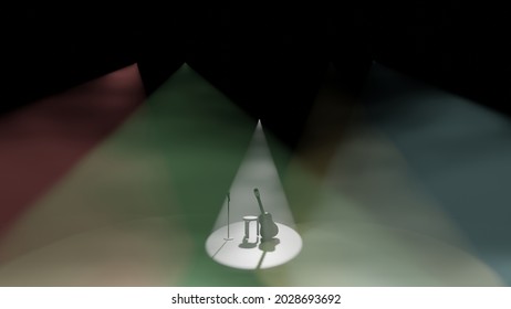 Colorful Spotlights Are Spotting At Musical Instrument On A Stage With Dry Ice Smoke In Top View (3D Rendering)