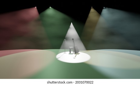 Colorful Spotlights Are Spotting At Musical Instrument On A Stage With Dry Ice Smoke In Top View (3D Rendering)