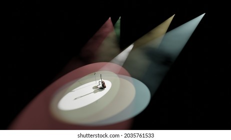 Colorful Spotlights Are Spotting At Musical Instrument On A Stage With Dry Ice Smoke In Top View (3D Rendering)