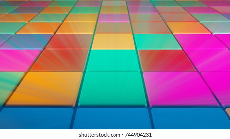 Colorful Square Shape Lighting Of Disco Dance Floor. 3d Rendering