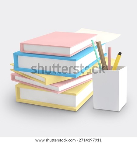 Colorful stack of books with drawing tools and paper on a table during a study session