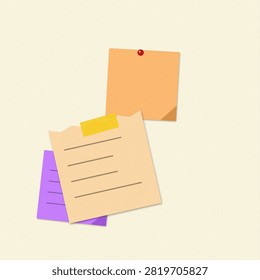 Colorful stack of sticky notes and blank paper pinned together with a red push pin