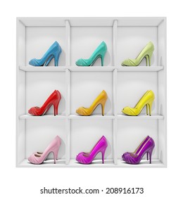 Colorful Stiletto High Heel Shoes Exhibited On White Shelf, Isolated On White Background