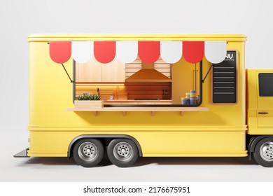 Colorful Street Food Truck Close Up With Kitchen, Side View, Yellow Van With Cooking Area And Menu On Grey Background. Concept Of Eco Market. 3D Rendering