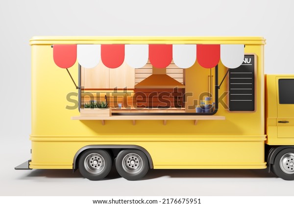 Colorful street food truck close up with\
kitchen, side view, yellow van with cooking area and menu on grey\
background. Concept of eco market. 3D\
rendering