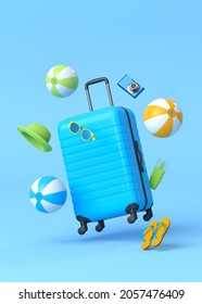Colorful suitcase or baggage with beach accessories on blue background. 3D render of summer vacation concept and holidays