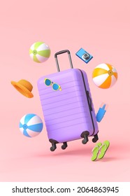 Colorful Suitcase Or Baggage With Beach Accessories On Pink Background. 3D Render Of Summer Vacation Concept And Holidays