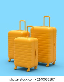 Colorful Suitcase Or Baggage On Monochrome Blue Background. 3D Render Of Summer Vacation Concept And Holidays