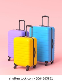 Colorful Suitcase Or Baggage On Pink Background. 3D Render Of Summer Vacation Concept And Holidays