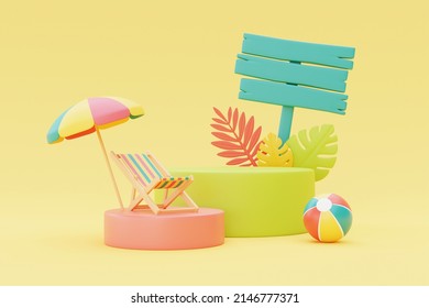colorful summer beach elements with signpost,3d rendering.