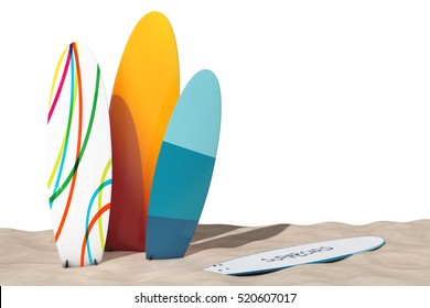 Colorful Summer Surfboards on the Sand Sunny Beach on a white background. 3d Rendering  - Powered by Shutterstock