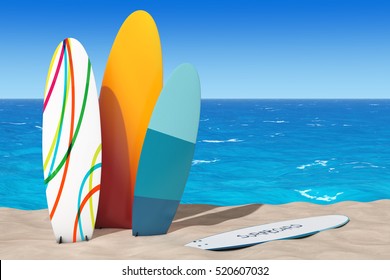 Colorful Summer Surfboards on the Sand Sunny Beach extreme closeup. 3d Rendering  - Powered by Shutterstock