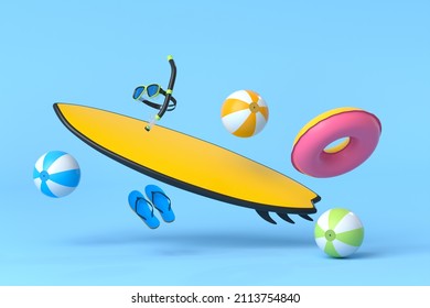 Colorful surfboard, beach ball and scuba mask on blue background. 3D render of summer vacation concept and holidays - Powered by Shutterstock