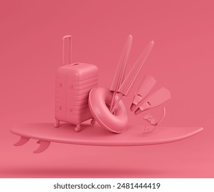 Colorful surfboard, beach ring, umbrellas and scuba mask on monochrome background. 3D render of summer vacation concept and holidays - Powered by Shutterstock