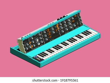 Colorful Synthesizer. Pixel Art Retro Style. Pink Background. 