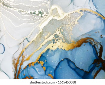 Colorful Texture. Navy Blue And White Color Spray. Sea Waves Spatter. Golden Ink Paint. Aquamarine Dirty Watercolor Print. Alcohol Ink Pigment. Background For Cards.