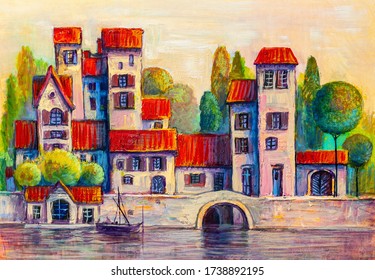 Colorful Town Near The Sea. Oil Painting Cityscape.