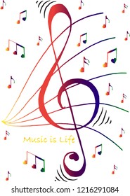 Colorful Treble Cleft And Some Western Music Notes,where The Taste Of The Music Begins. With The Wording Music Is Life.