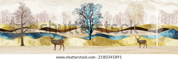 Colorful trees, wavy mountains and deer in marble in light background3d illustration wallpaper landscape art.