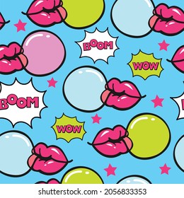 Colorful  Trendy Pattern With Lips With  Bubblegum. Cover Design For Print, Wallpaper, Textile