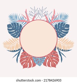 Colorful Tropical Leaves, Foliage Plant And Flower With Circle Frame Nature, Room For Text.