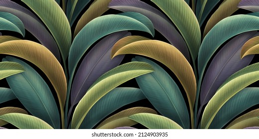 Colorful tropical leaves, jungle. Seamless pattern, luxury mural, wallpapers. Exotic vintage 3d digital illustration, dark watercolor background. Modern printable art, fabric, tapestry, poster, paper