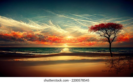 Colorful Tropical Oasis Sunset On The Beach