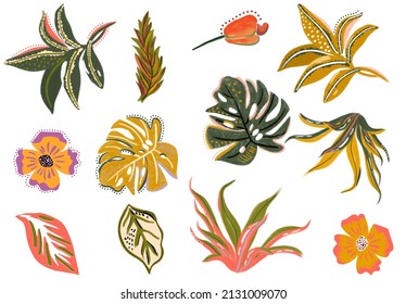 colorful tropical set isolated elements flowes leaves and plants branches artsy watercolor gouache handrawn digital illustration cashew monsteral palm 