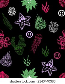 Colorful Undersea Creatures Pattern On Black Background