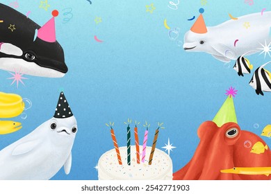 Colorful underwater birthday party with sea animals border background. Whales, fish, and an octopus wear party hats. Birthday cake and confetti add to the festive sea scene. - Powered by Shutterstock