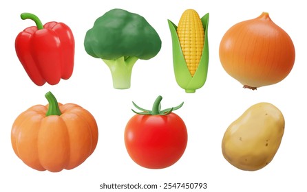 Colorful vegetables: red pepper, broccoli, corn, onion, pumpkin, tomato, and potato. Fresh vegetables, healthy vegetables, vibrant vegetables.  Food illustrations isolated on white background. - Powered by Shutterstock