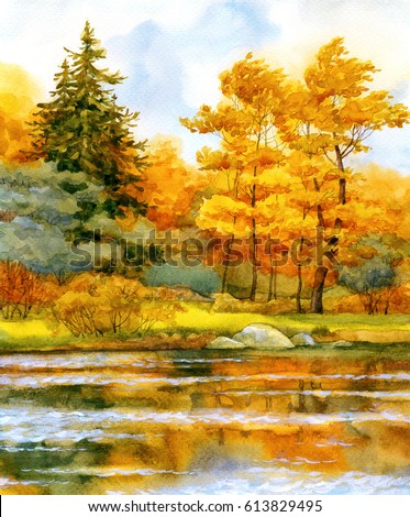 Colorful vibrant hand drawn watercolour sketch drawing on paper backdrop with space for text on light gloaming heaven. Quiet romantic fall daybreak scene. Old orange oak on bank of calm bay beach view