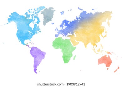 Colorful water color world map painting on white background.