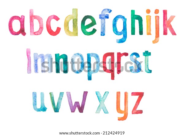 カラフルな水彩色のアクアレルフォントタイプの手書き手描きの落書きabcアルファベット文字 のイラスト素材